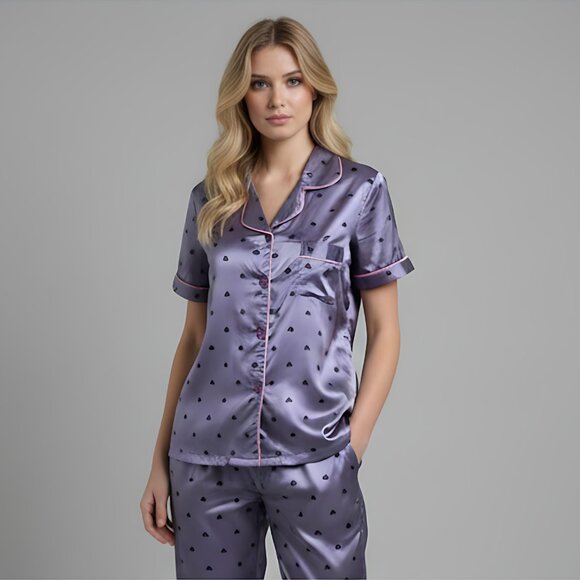 Purple Heart Print Satin PJ Set - Picture 1 of 7